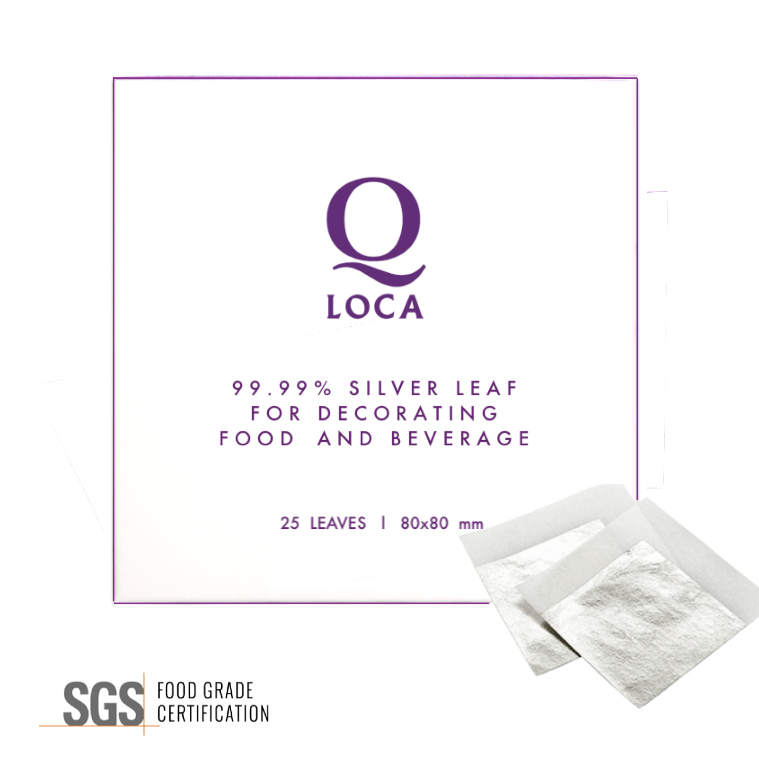 Edible Silver Loose Leaf (E174) – 25 Leaves – Size 80×80 mm – Q-loca